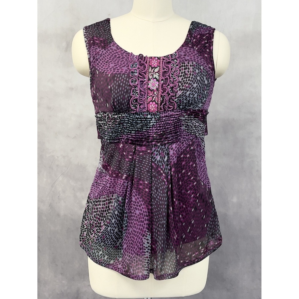 Y2K GNW Mesh Sleeveless Top Womens Small Babydoll Purple Floral Whimsigoth Indie